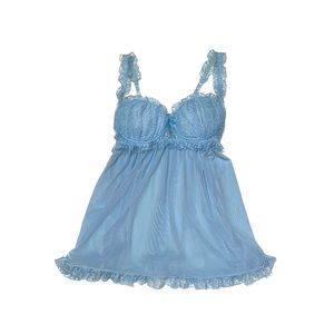 Dreamgirl Lace & Mesh Babydoll with Sheer Ruffled Lace & Matching G-String blue